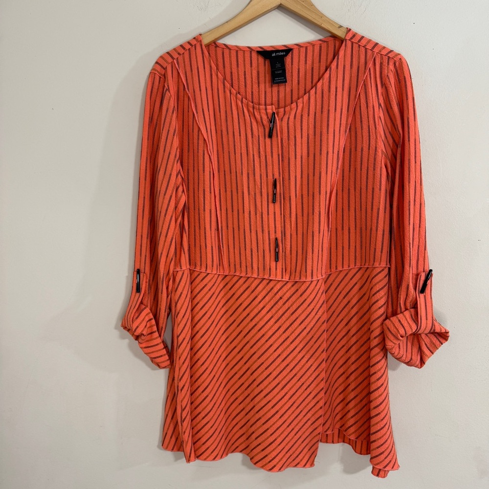 Ali Miles Vibrant Orange Striped Tunic Asymmetrical Hem size L Lagenlook Artsy